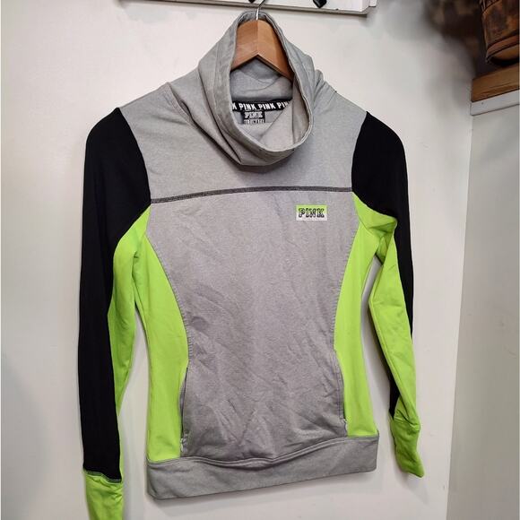 VS PINK Ultimate High Neck Pullover Gray Neon Green Color Block Sweater Size XS - Picture 2 of 9